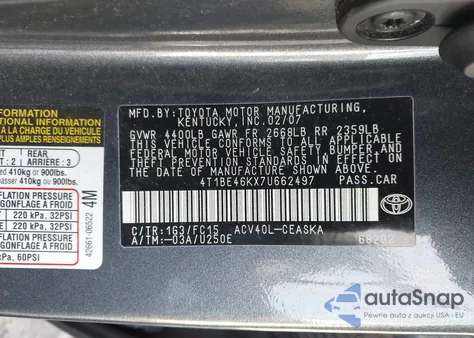 2007 Toyota Camry Se from USA, damaged, VIN 4T1BE46KX7U662497